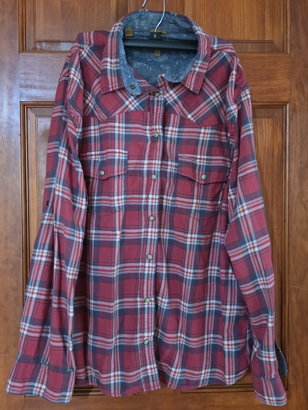 Jacks Girlfriend red, white, and blue plaid flannel shirt with a western vibe